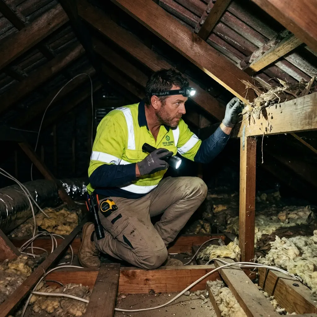 Technician inspecting a roof cavity for a dead animal in Scoresby