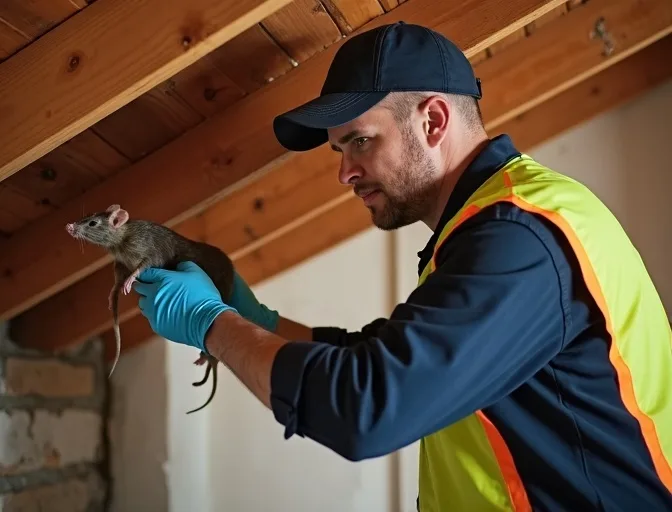 Technician inspecting a roof cavity for a dead rat in Scoresby